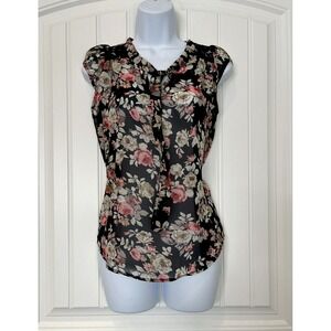 Marisol Women's S Floral Short Sleeve Lightweight Necktie Sheer/ Lace Blouse Top